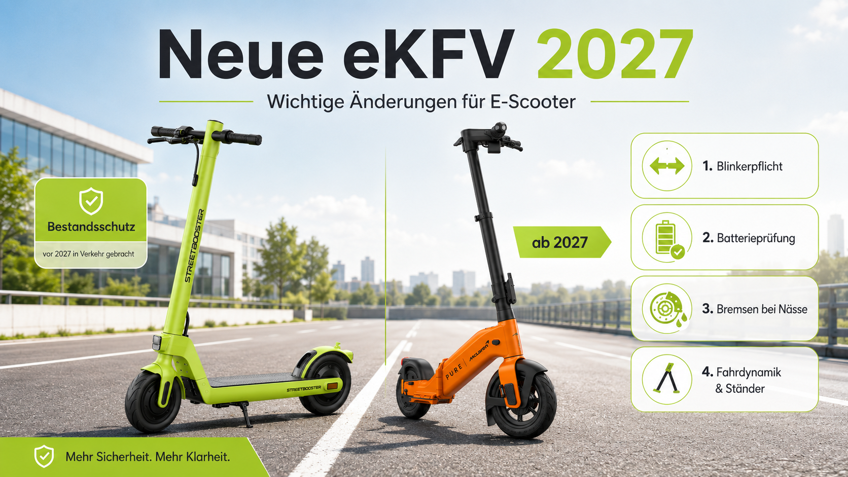 E-Scooter, Grüner E-Scooter, Elektrischer Roller, Klappbarer Lenker, Street Booster